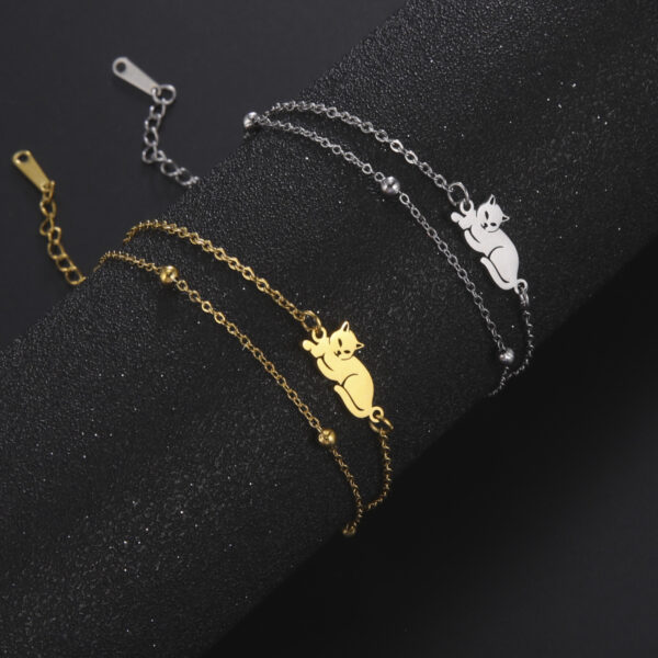 Cute Double Hole Lying Kitten Pendant Titanium Steel Bracelet - Image 2