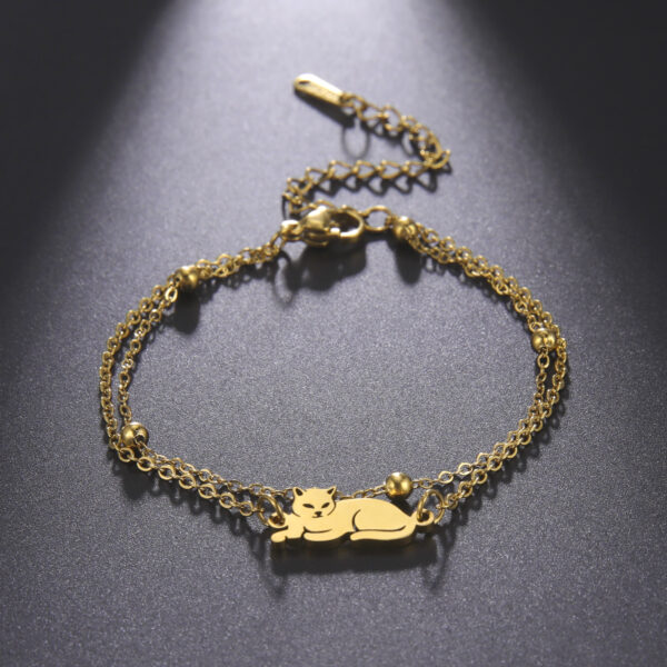 Cute Double Hole Lying Kitten Pendant Titanium Steel Bracelet - Image 6
