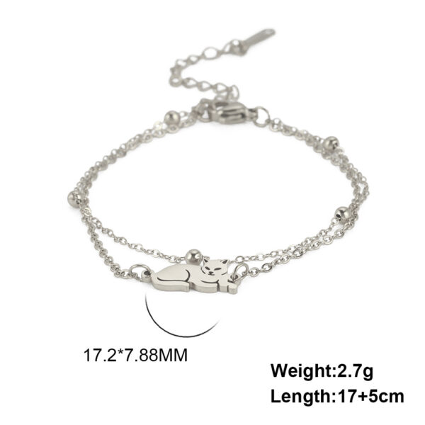 Cute Double Hole Lying Kitten Pendant Titanium Steel Bracelet - Image 3