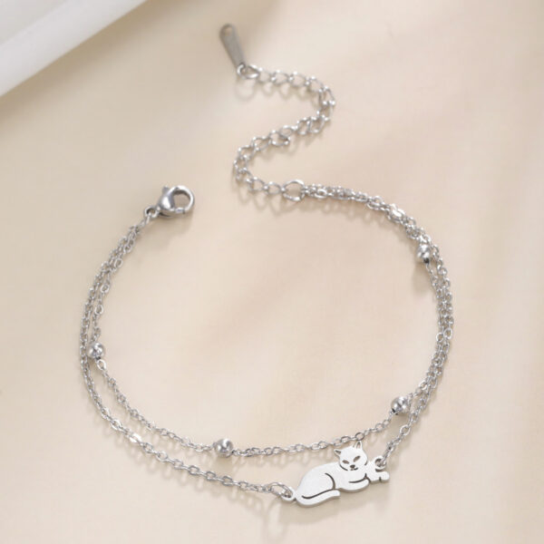 Cute Double Hole Lying Kitten Pendant Titanium Steel Bracelet - Image 4