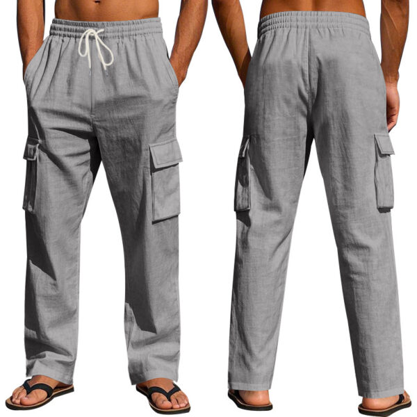 Men's Workwear Multi-pocket Straight Linen Pants Linen Four Seasons Thin Breathable Cargo Pants, Multi-pocket Loose Casual Trendy Wide-leg Pants - Image 4